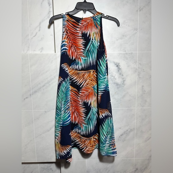 😊Vince Camuto Sundress  Multicolor Palms Sheer Sleeveless Scoop Neck size PS - Picture 3 of 11